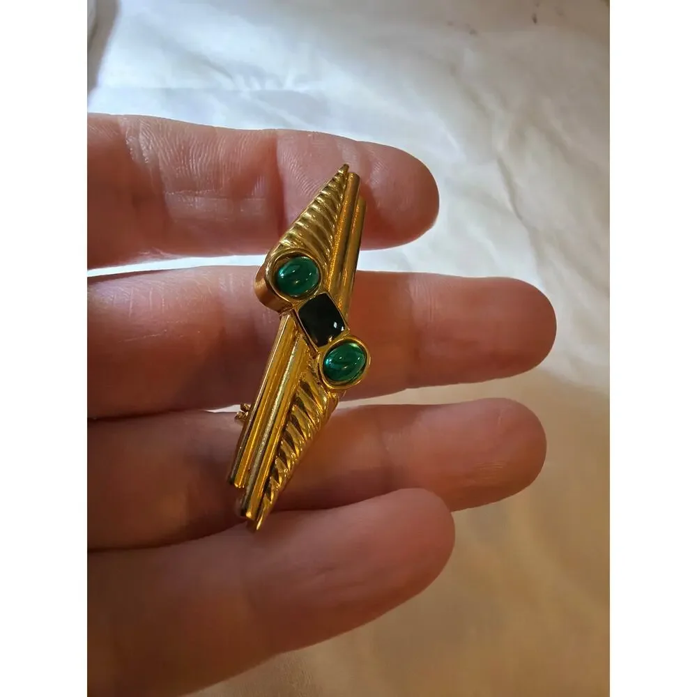 Vintage Gold Tone Green Cabochon Art Deco Modernist Brooch Geometric Pin